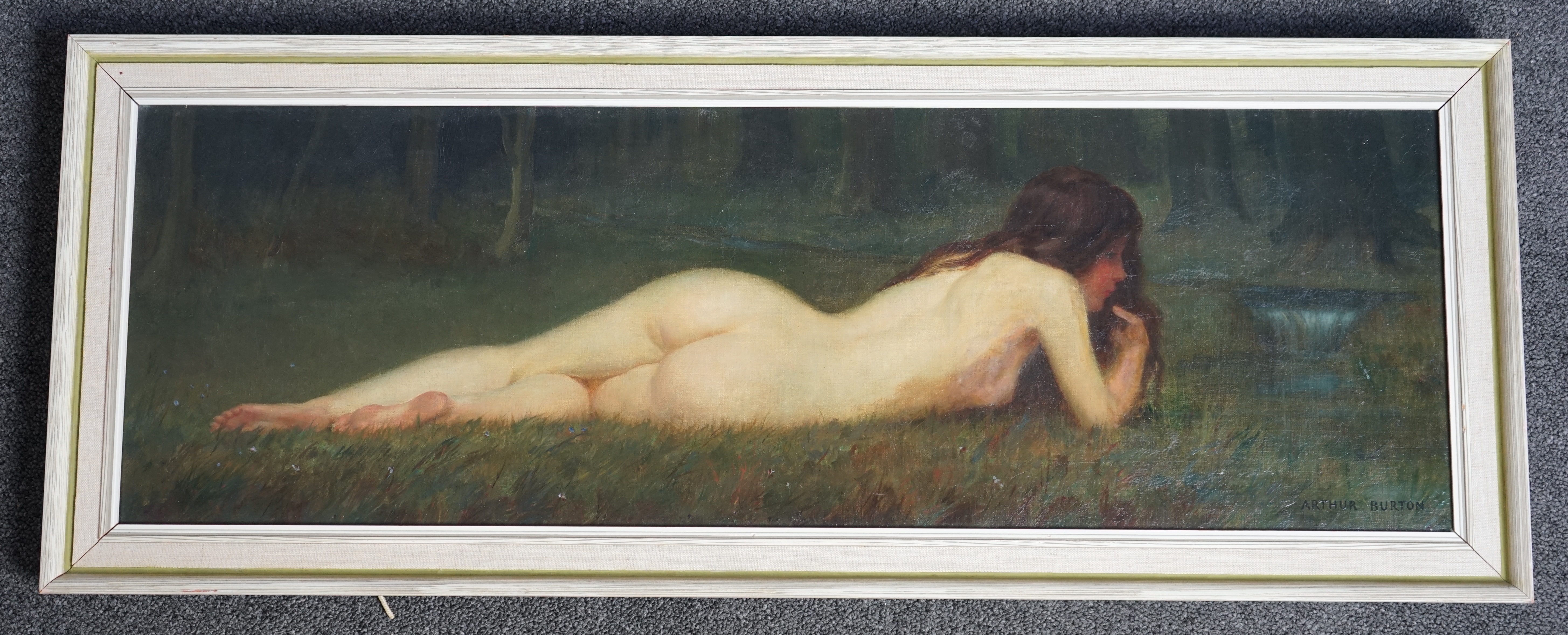 Arthur Burton (English, fl.1894-1907), Reclining nymph, oil on canvas, 24 x 75cm